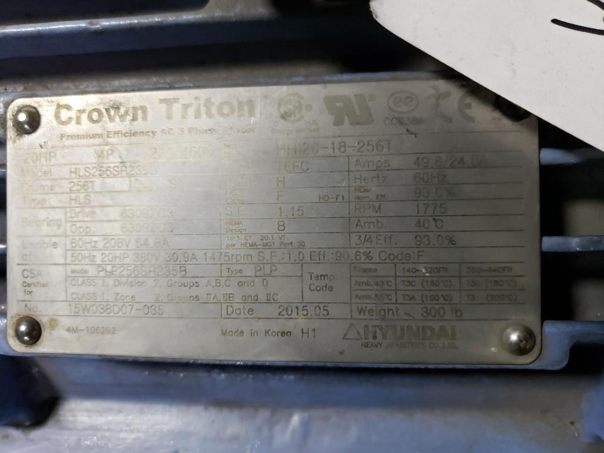 20HP Crown Triton Premium efficiency AC motor HLS256SR2350. 3PH, 208/280V, 1775RPM. - Image 3 of 6