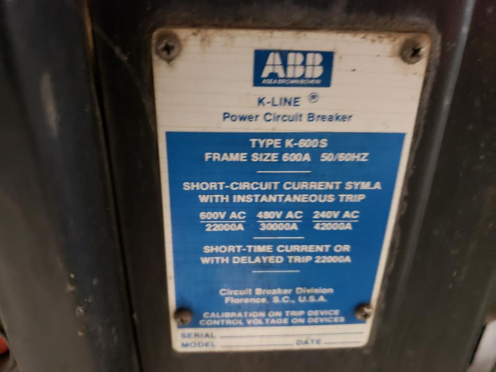 600 amp ABB power circuit breaker. Type K600S. - Image 2 of 7