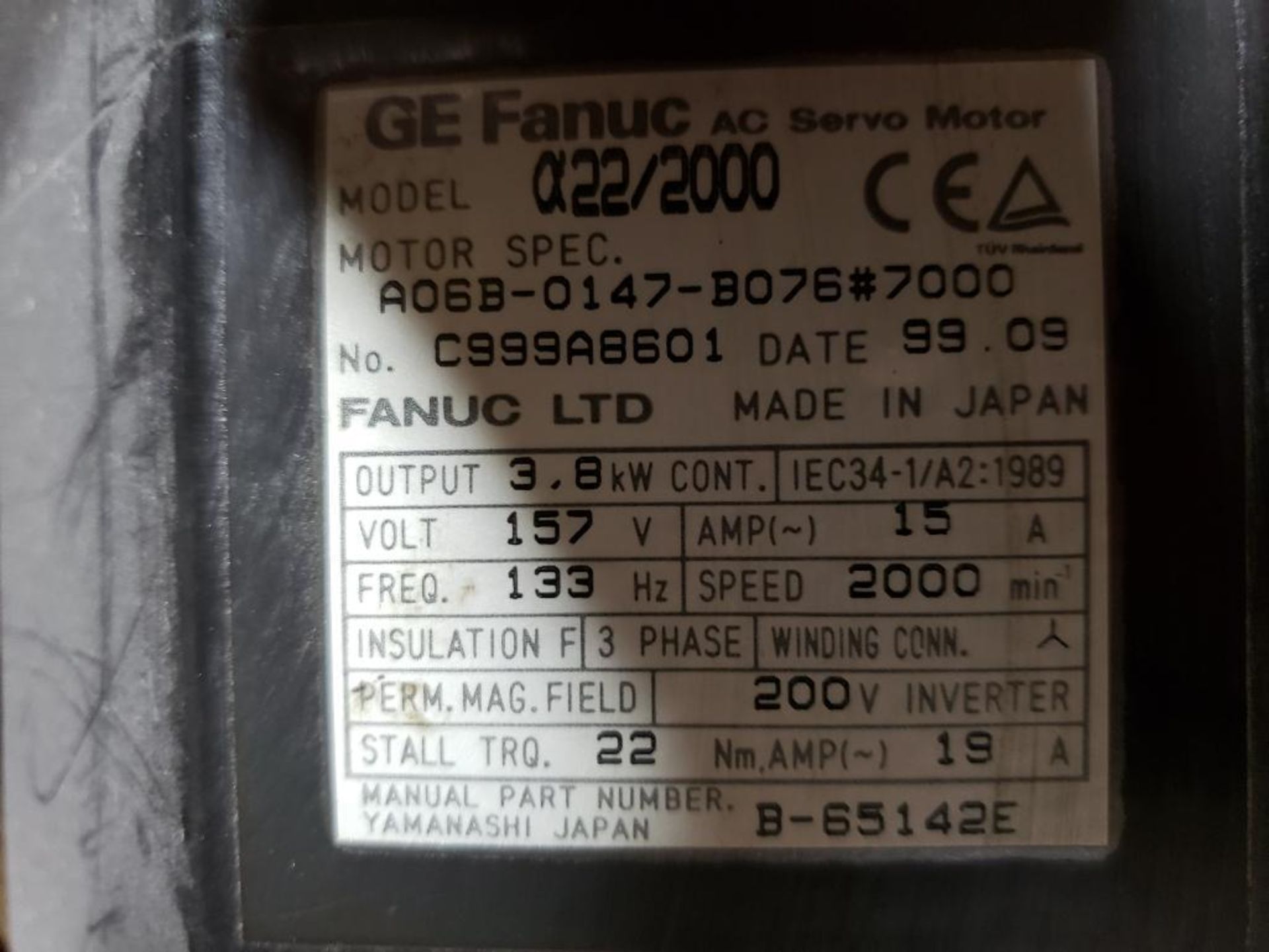 3.8kW GE Fanuc AC servo motor. A06B-0147-B076. 157V, 15AMP, 133Hz, 2000RPM. - Image 2 of 2