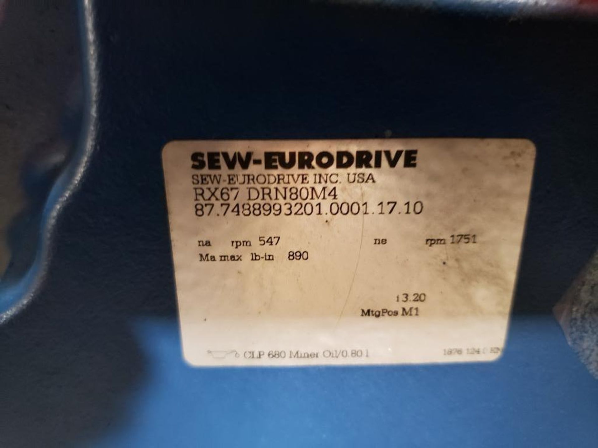 1HP Sew Eurodrive RX67 DRN80M4 inverter duty. 3PH, 230/460V, 1751RPM. - Image 2 of 4