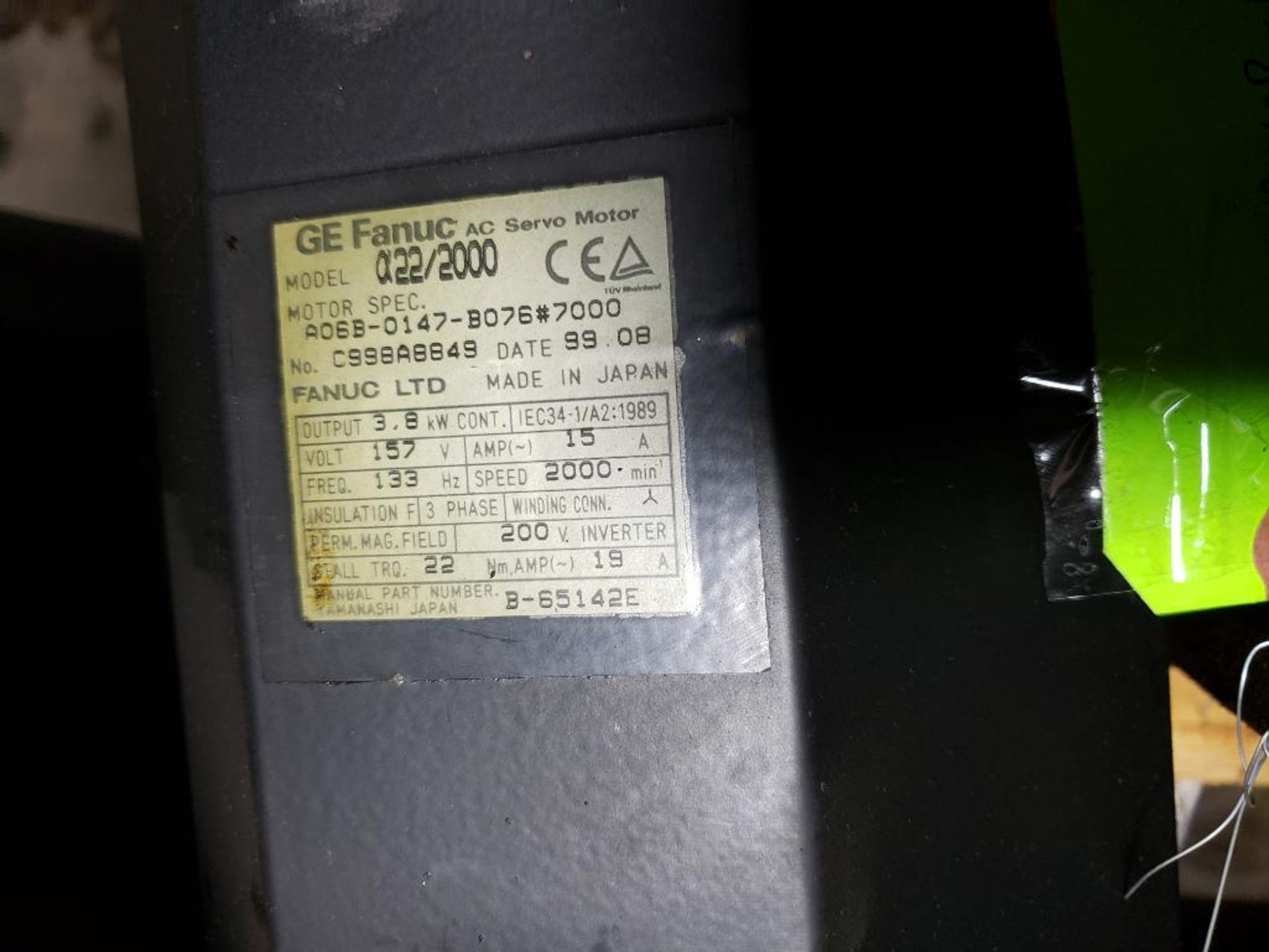 3.8kW GE Fanuc AC servo motor. A06B-0147-B076. 157V, 15AMP, 133Hz, 2000RPM. - Image 2 of 2