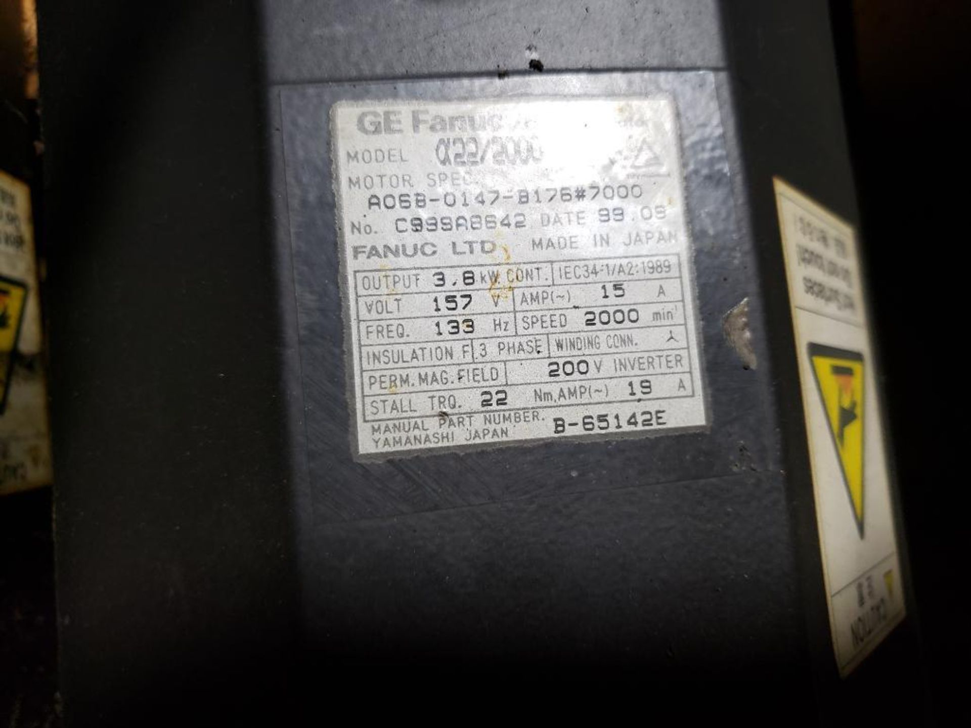 3.8kW GE Fanuc AC servo motor. A06B-0147-B176. 157V, 15AMP, 133Hz, 2000RPM. - Image 2 of 2