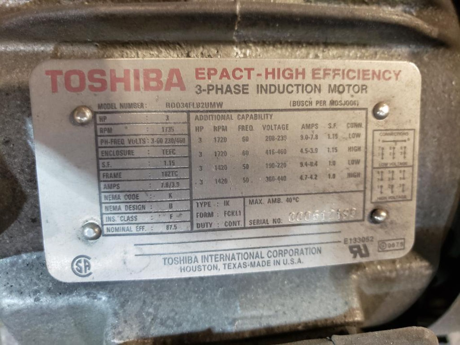 3hp Busch vacuum pump. Toshiba motor. Busch MDSJ006. - Image 4 of 6