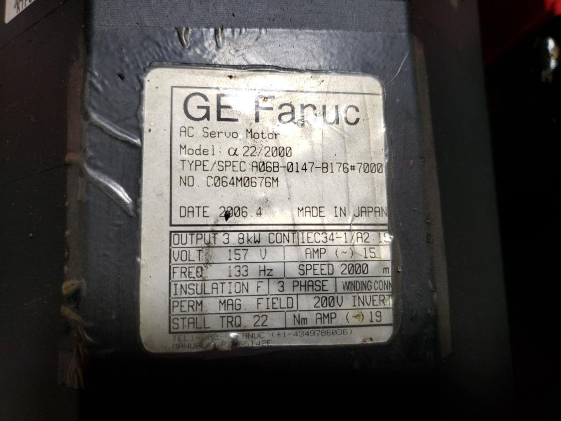 3.8kW GE Fanuc AC servo motor. A06B-0147-B176. 157V, 15AMP, 133Hz, 2000RPM. - Image 2 of 2
