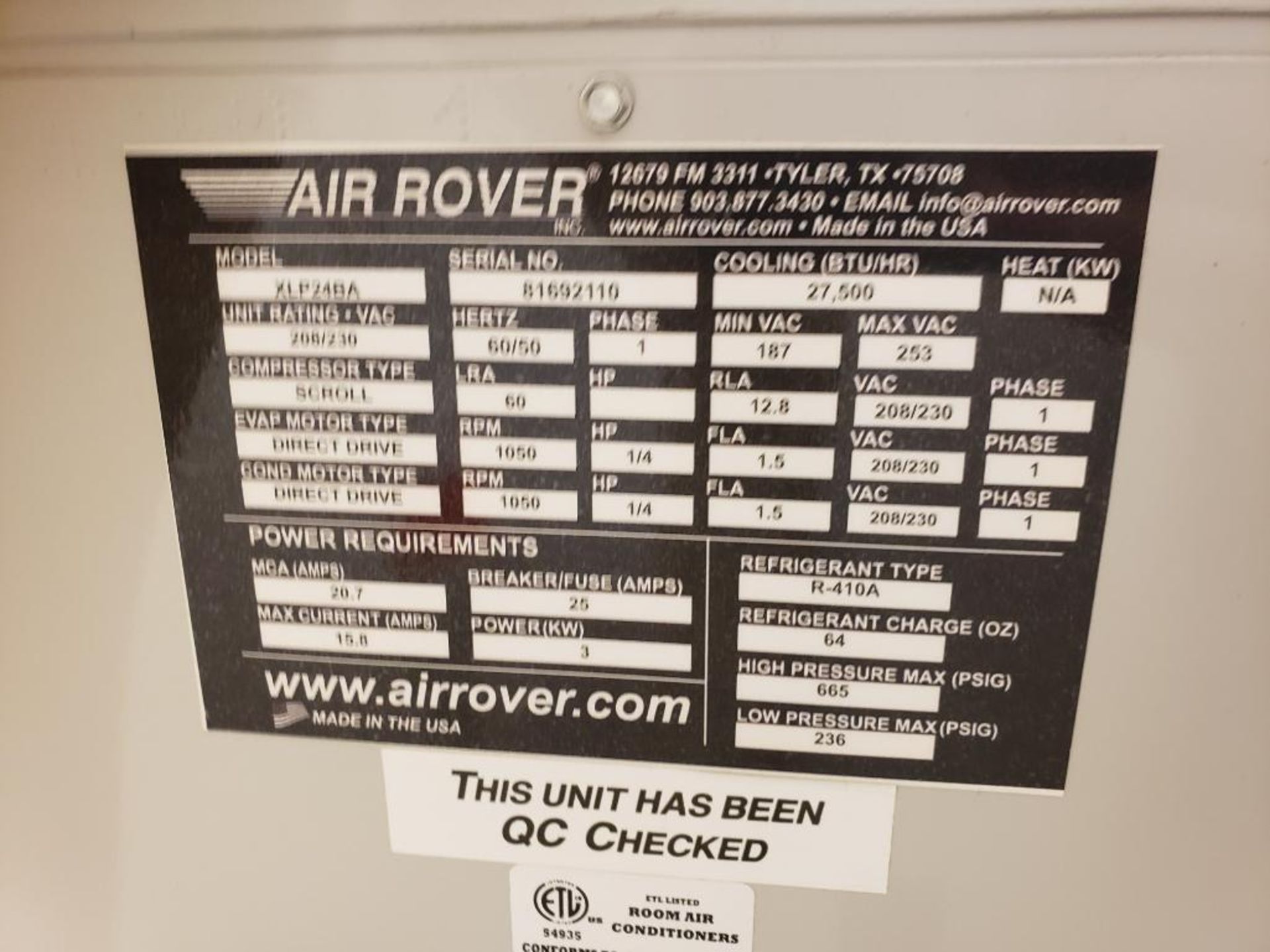 Air Rover portable air conditioning system. Model XLP24BA. Single phase ...