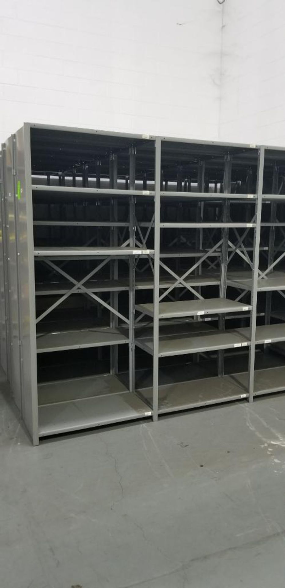 Qty 8 - Sections metal shelving. 4 sections long back to back. (contents not included) - Image 3 of 6