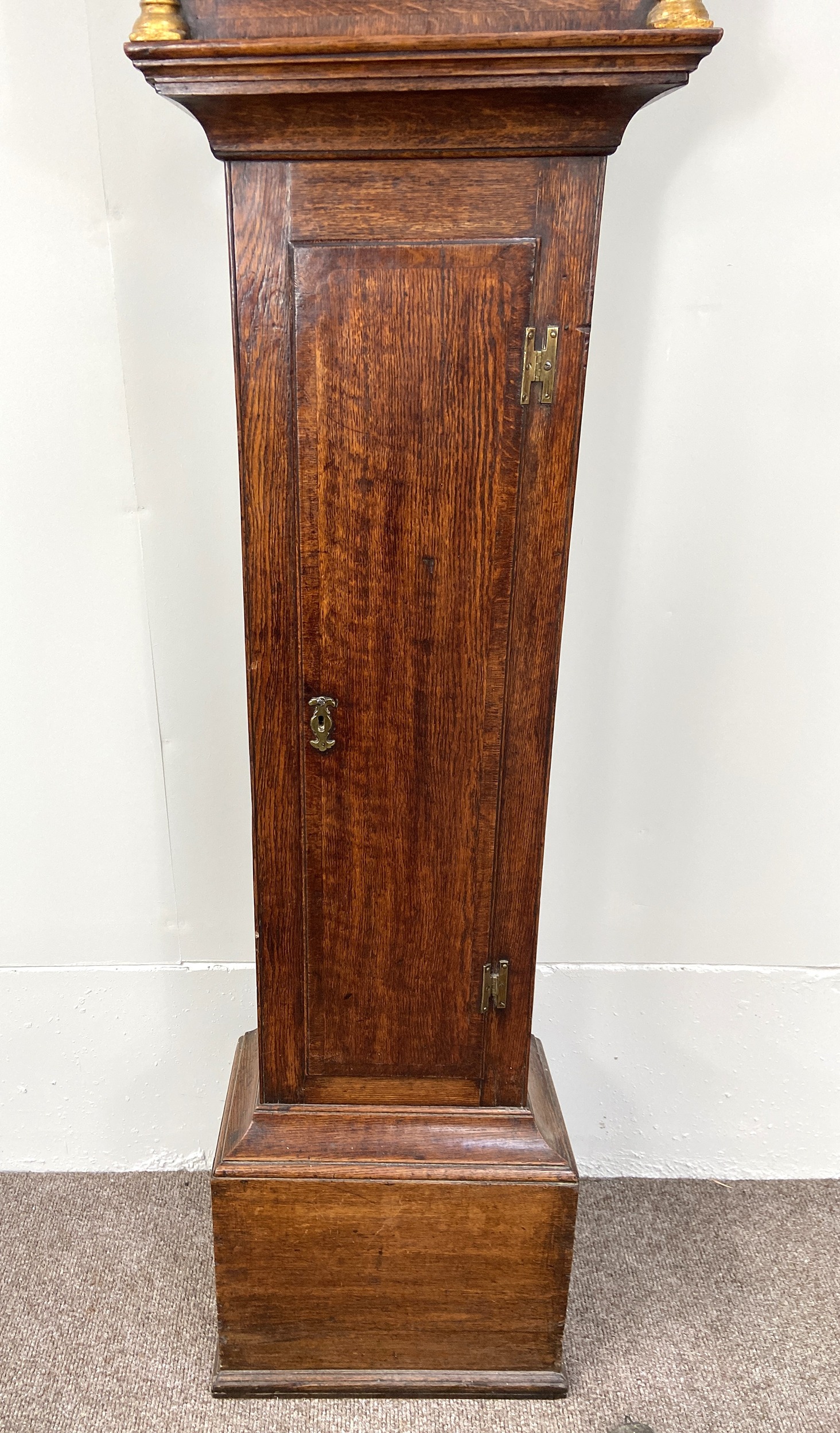 An early 18th century oak longcase clock, by Joseph Taylor, in an architectural provincial caddy - Image 3 of 8