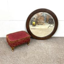 A vintage oak framed circular wall mirror; also a small upholstered footstool (2)