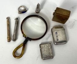 A selection of small silver objects and related items, including two vesta cases, two pencils, a