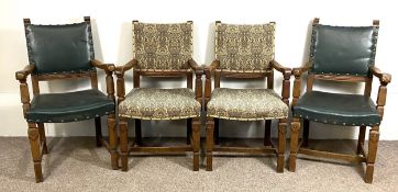 A set of four armchairs, early 20th century, with open arms, square block supports and lightly