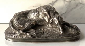 After Joseph Raymond Gayrard (1807-1855), Sleeping Deerhound (1848), bronze with silver patina,