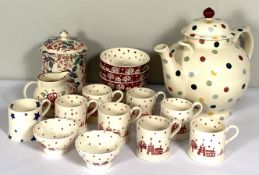 A group of Emma Bridgewater ceramics, including a very large teapot, assorted bowls and cups,