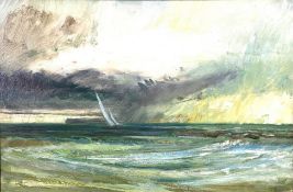 British School, circa 1960, A Gathering Storm, a dramatic seascape depicting a single sail with dark