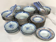 A collection of Chinese export ‘rice’ ware blue and white porcelain, modern, including various small