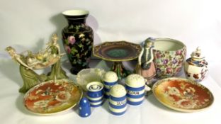 Assorted ceramics, including three Cornish ware shakers, for Flour, Sugar and Salt; also a