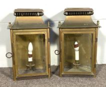 A pair of vintage ‘brass’ wall mounted hall lanterns, with pierced ogee tops, each with single