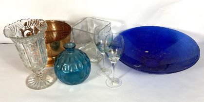 Assorted glassware including a large celery vase, two decorative goblets and a blue glass globular