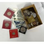 A collection of assorted coins and bank notes, old Victorian and pre decimal coins, Isle of Man TT