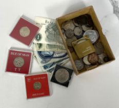 A collection of assorted coins and bank notes, old Victorian and pre decimal coins, Isle of Man TT
