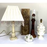 A vintage table lamp in the form of the Eddystone lighthouse, with carved and swept out base; also a