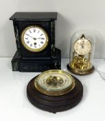 A late Victorian aneroid wall barometer; together with a Victorian small slate mantel clock and a