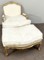 A modern Louis XVI style Duchesse Brisée (armchair and footstool), 20th century reproduction, with