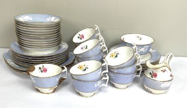 A Spode bone china tea service, with floral sprays within grey blue borders and gilt lining,