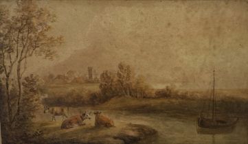 Manner of Thomas Sidney Cooper, British, 19th century, Cows Resting Beside a River, with village