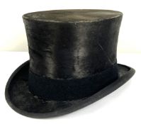 A vintage Gentleman’s black silk top hat, by S. Patey (London) Ltd, (aperture 20cm x 16.5cm), boxed