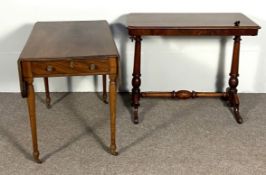 A late Regency Pemboke table, with drop leaf top, a single end drawer and turned legs; also a