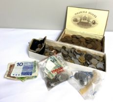 Two small boxes, containing a wide variety of pre European Union currencies, along with Victorian