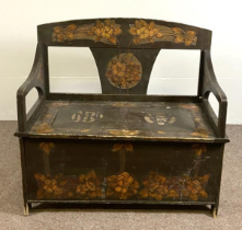 An interesting Art Nouveau marriage bench, circa 1900, the lightly arched back carved in relief with