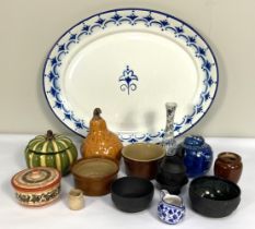 An assortment of ceramics including large oval serving dish, two novelty covered dishes in form of