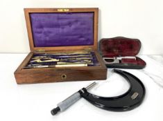 Vintage draftsmans tools, including a case of compases and related, also a Starrett wide mouthed