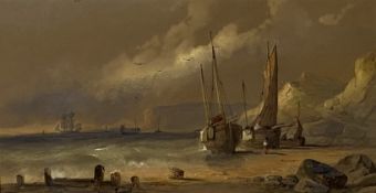 British School (19th Century), Fishing Boats Hauled Up, in a cove, with further shipping on the