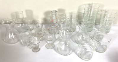 A selection of assorted glassware, including a small bedside decanter painted with flowers, capped