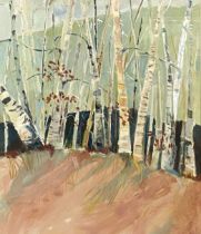 Tristam, British Contemporary, circa 2000, Birch Stand, gouache, signed indistinctly LR, '8 Tristam'