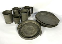 Selection of pewter, including various plates and tankards and a small trays with side handles,