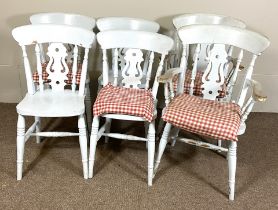 A set of six light blue painted kitchen chairs, with fretwork splats and turned legs