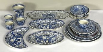 A selection of Adams Chinese pattern wares, including various platters, moon shaped salad dishes,