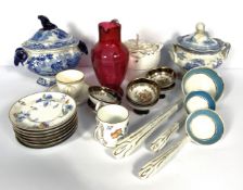 A selection of mixed ceramics, including two small covered sauce tureens, an ironstone ashet and a