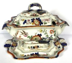 A large Victorian ironstone tureen, cover and stand, by Ashworth Brothers, decorated with flower