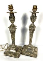 A pair of attractive Neo Classical silver plated candlesticks, in the manner of Robert Adam, later