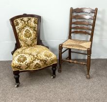 A small Victorian Ladies upholstered parlour chair, with short turned legs and ceramic castors; also