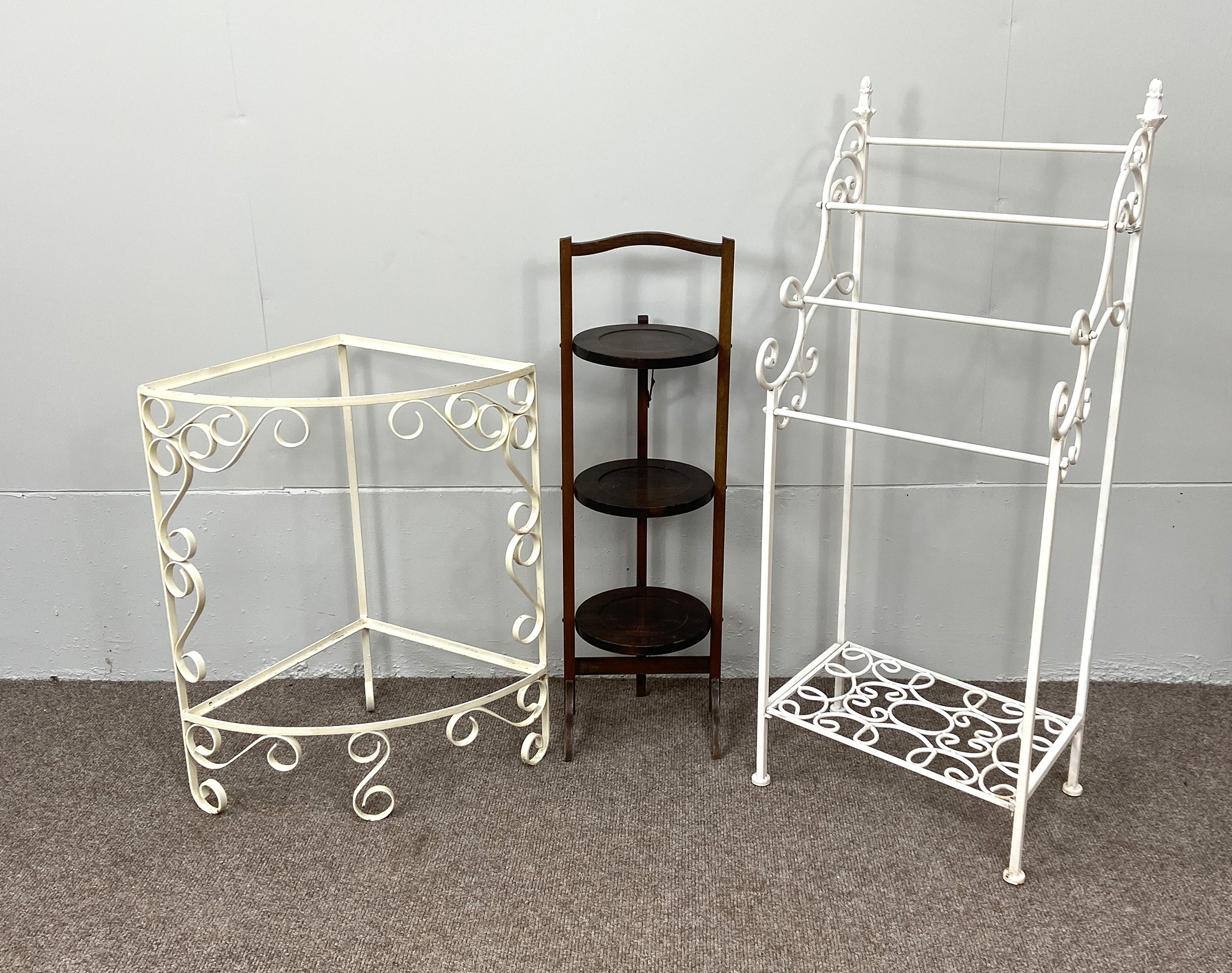A vintage white painted wrought iron towel rail; a painted corner stand, a folding tray topped table - Image 7 of 12