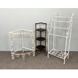 A vintage white painted wrought iron towel rail; a painted corner stand, a folding tray topped table