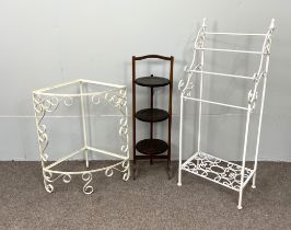 A vintage white painted wrought iron towel rail; a painted corner stand, a folding tray topped table