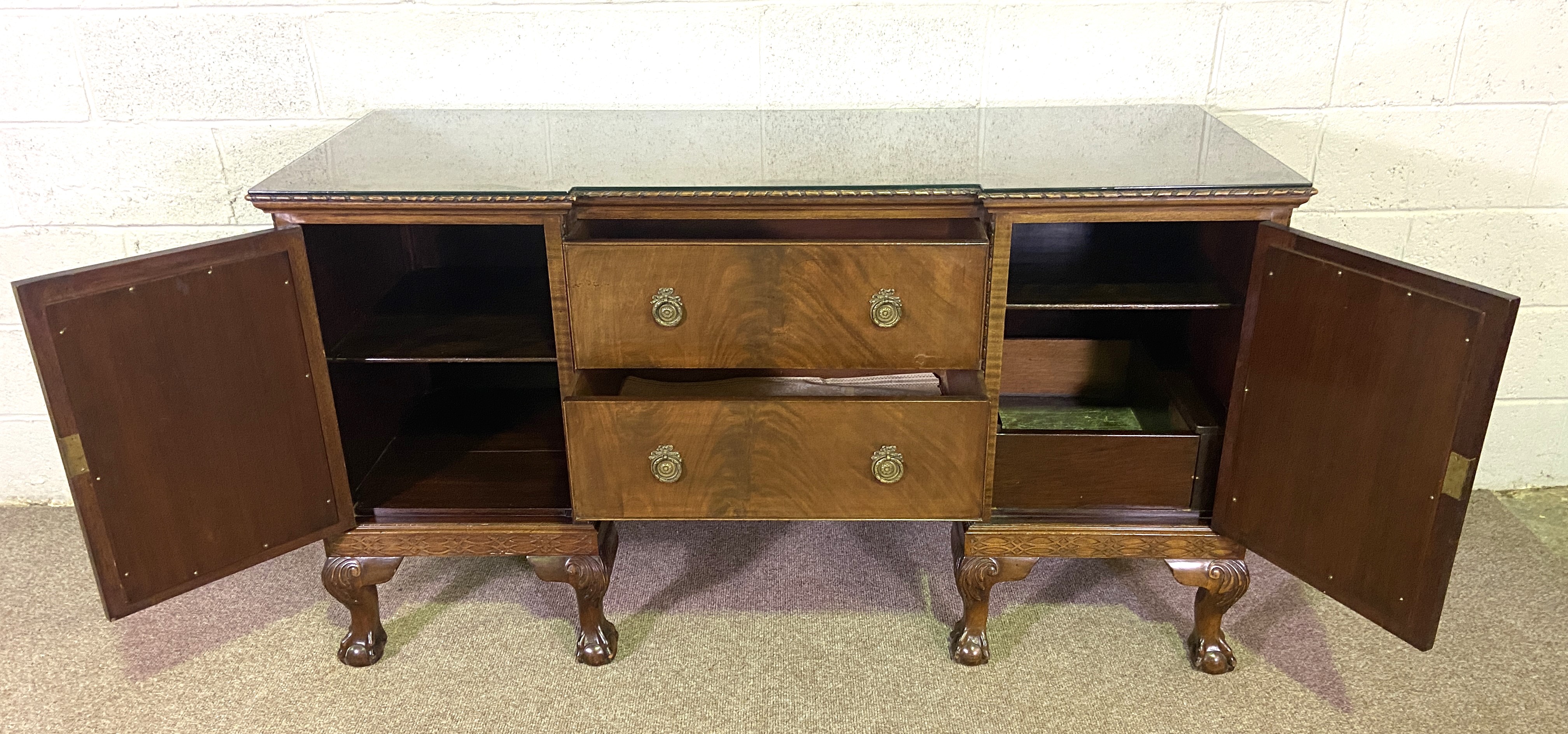 A George III style breakfront mahogany veneered sideboard, the plain top with a moulded edge, over - Image 4 of 4