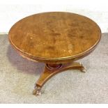 A mid Victorian mahogany veneered breakfast table, 19th century, with circular top on a pedestal