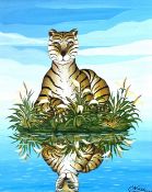 GUSTAVO NOVOA, Chilean (1941-), Tiger, oil on board, a tigress inspects her reflection, signed lower